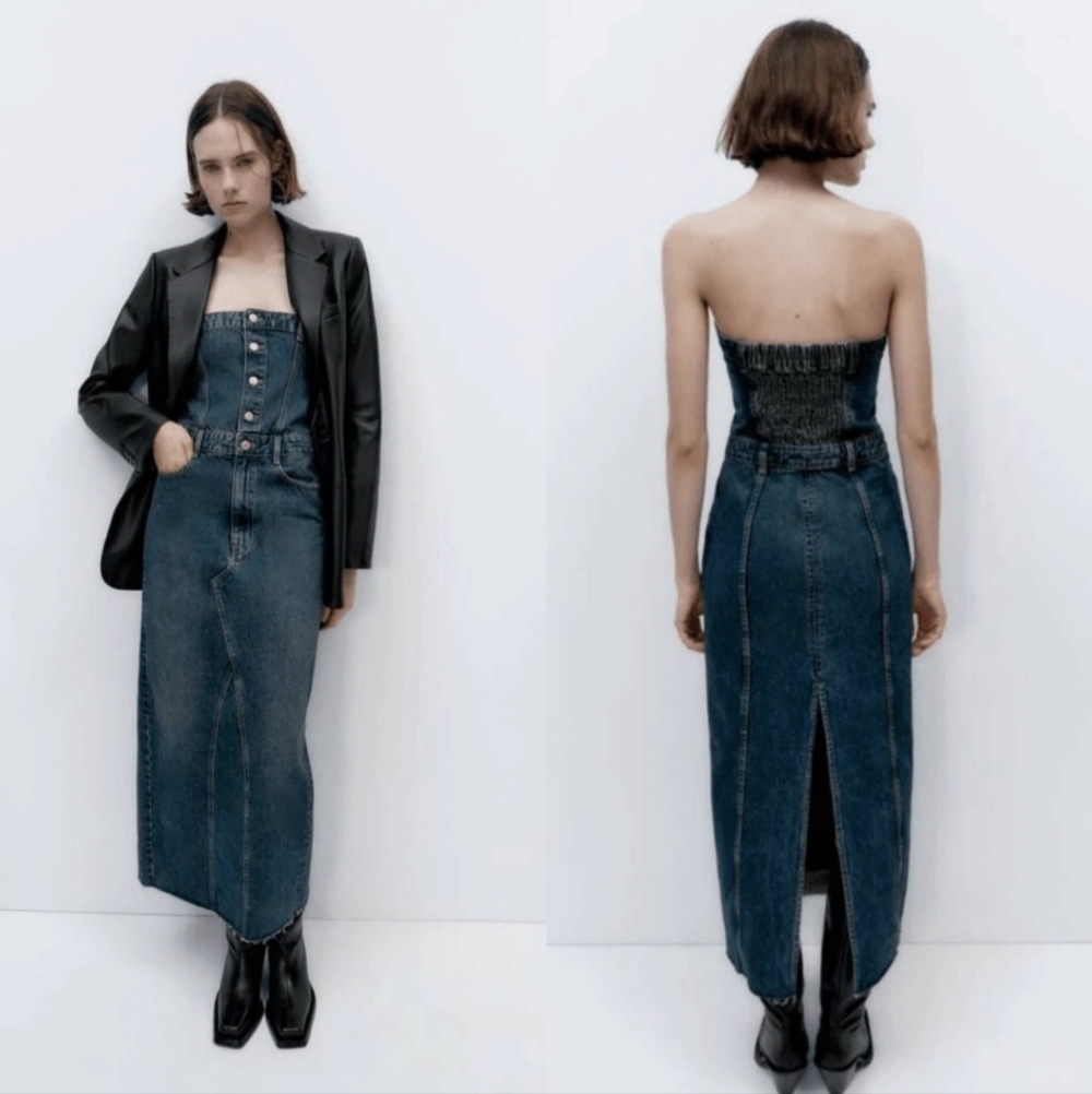 Zara Denim Button-Up Strapless Corset Maxi Dress NWT Size XS - Picture 2 of 16
